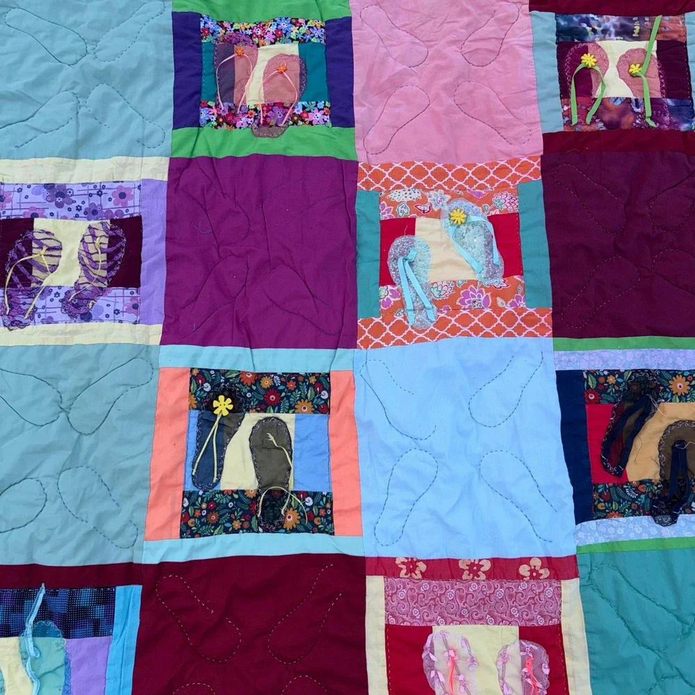 Handmade Folk Art Flip Flop Appliqué Quilt 51x65 Colorful Beach Cottage Boho